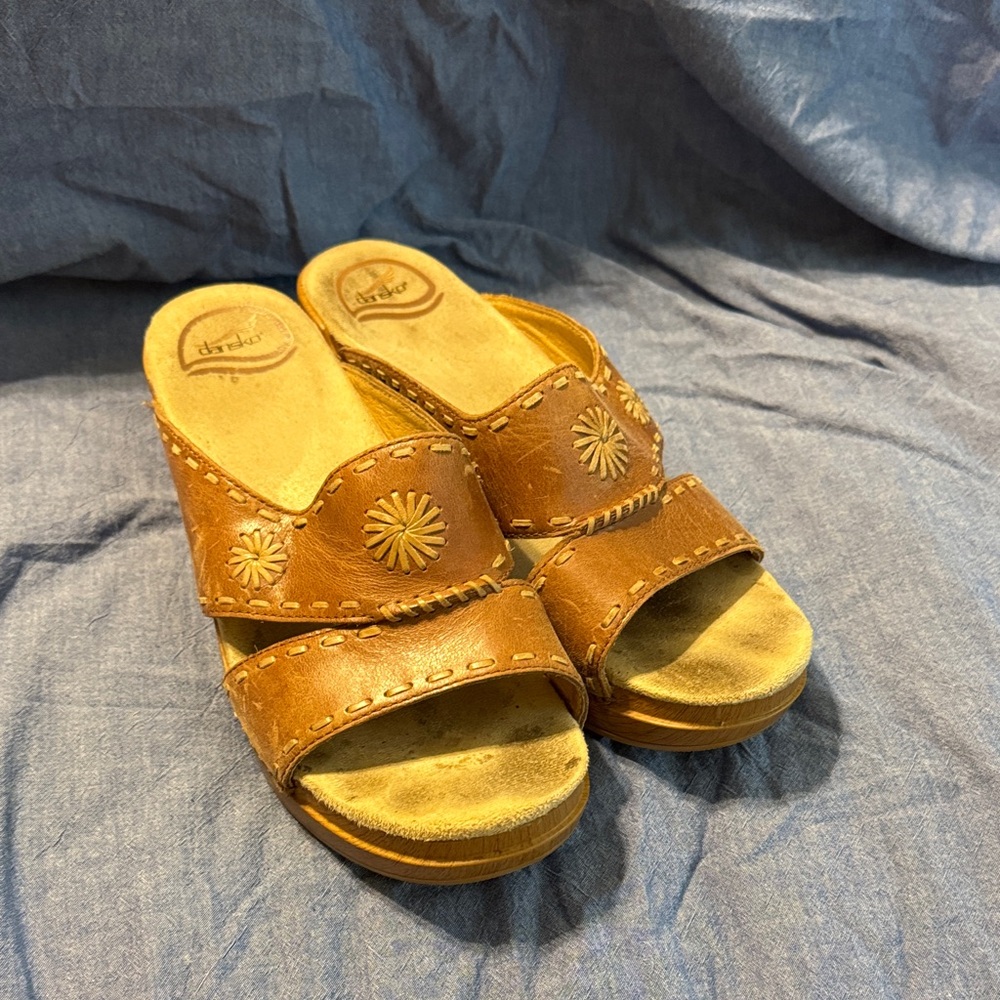 Dansko Brown Leather Mules with Stitch Detail